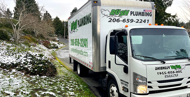 Rush Plumbing Truck going to a plumbing service call in Beaux