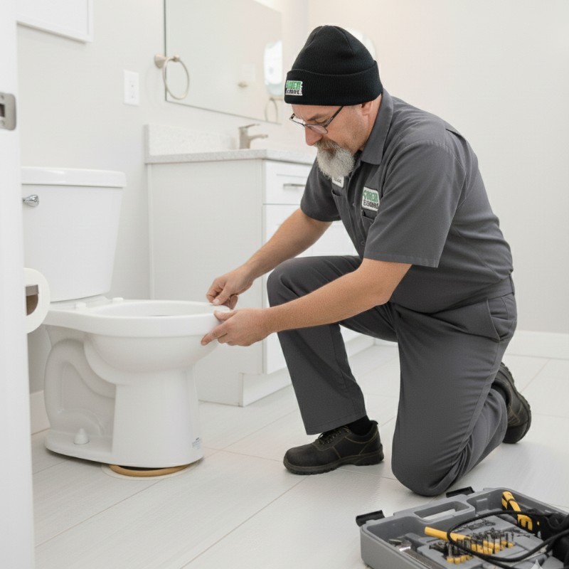 Rush Plumbing serviceman working on a new toilet to reduce water bill 