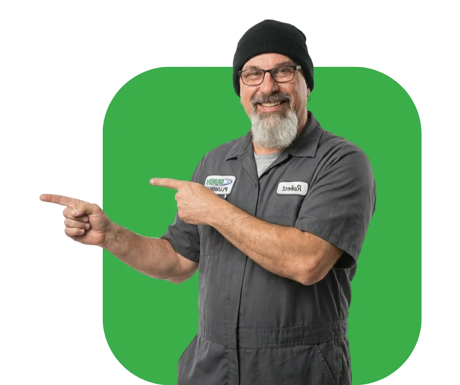 Robert Craul from Rush Plumbing pointing to the right, because we have the best plumbing repair service