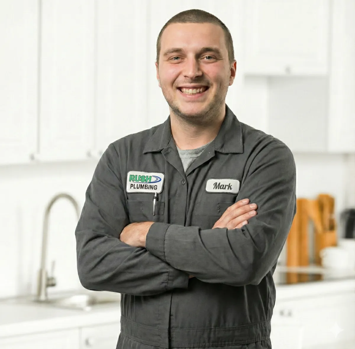 Smiling worker from Rush Plumbing in a kitchen about to work on Trenchless Sewer Line Services